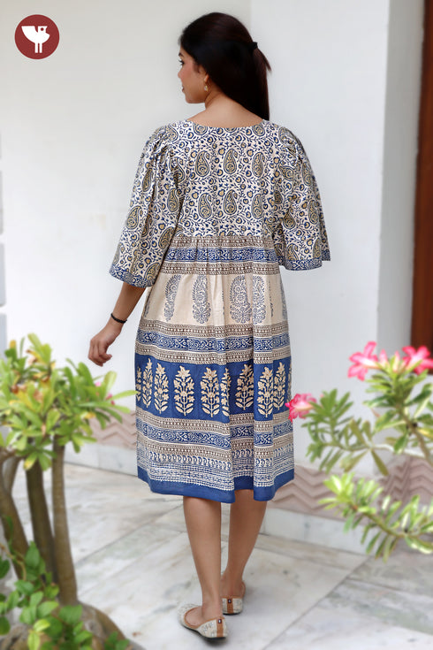 Cambric Cotton Gathered Dress in Floral Block Print