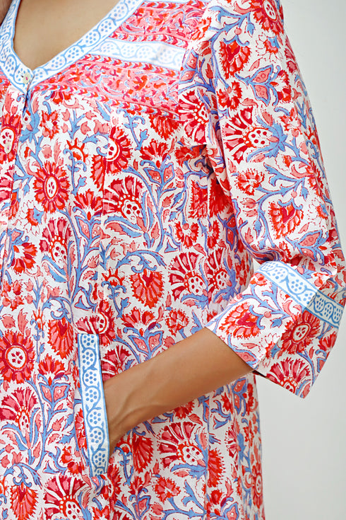 Cambric Cotton Dress in Floral Block Print