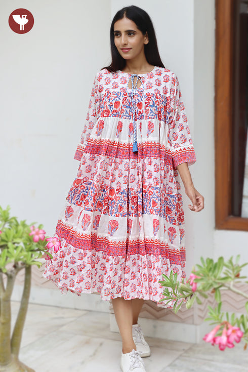MulMul Cotton Tiered Dress in Floral Block Print