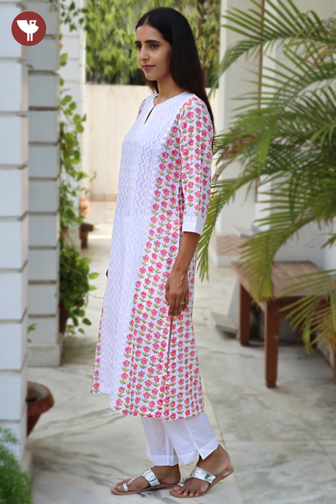 Terry Voile White KurtaFloral Block Print with Chikankari Embroidery