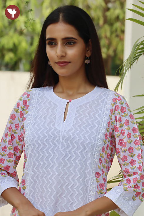Terry Voile White KurtaFloral Block Print with Chikankari Embroidery