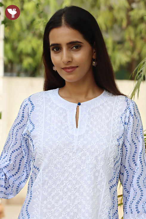 Terry Voile White KurtaFloral Block Print with Chikankari Embroidery