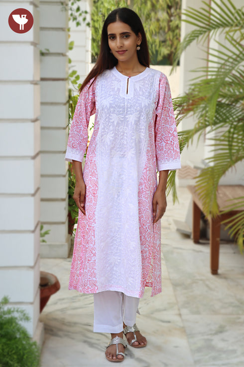 Terry Voile White Kurta Floral Block Print with Chikankari Embroidery