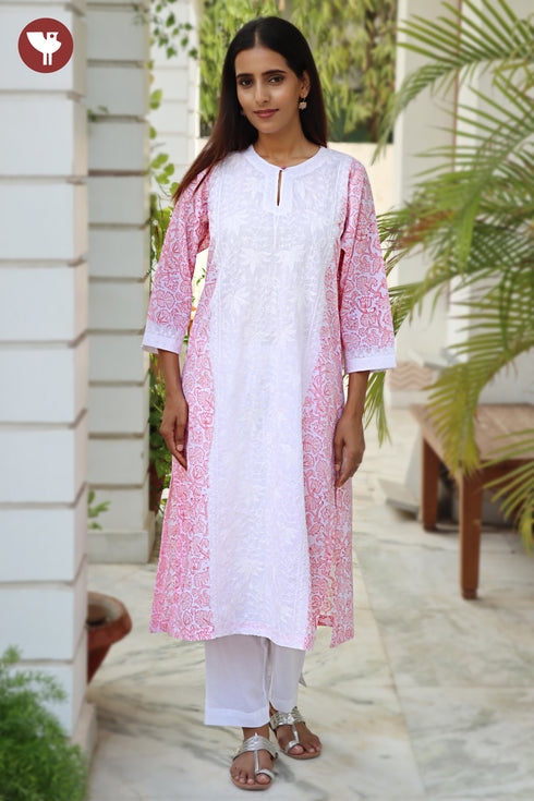 Terry Voile White Kurta Floral Block Print with Chikankari Embroidery