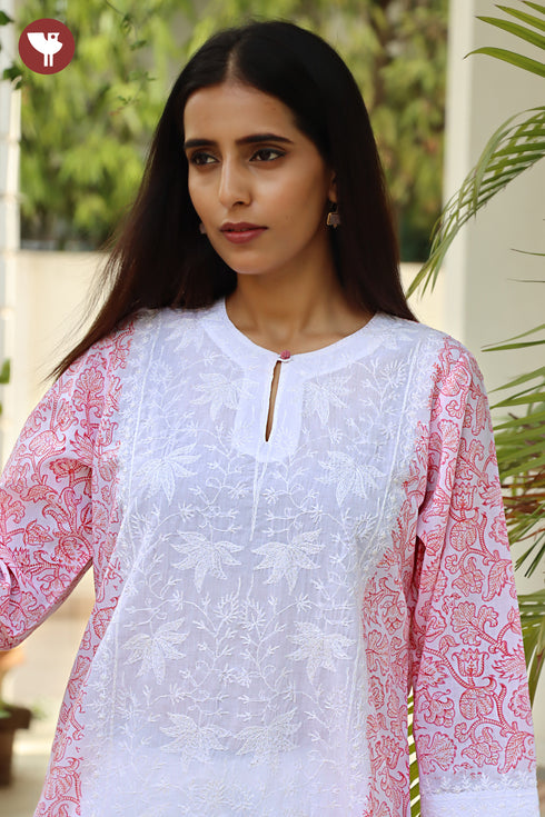 Terry Voile White Kurta Floral Block Print with Chikankari Embroidery