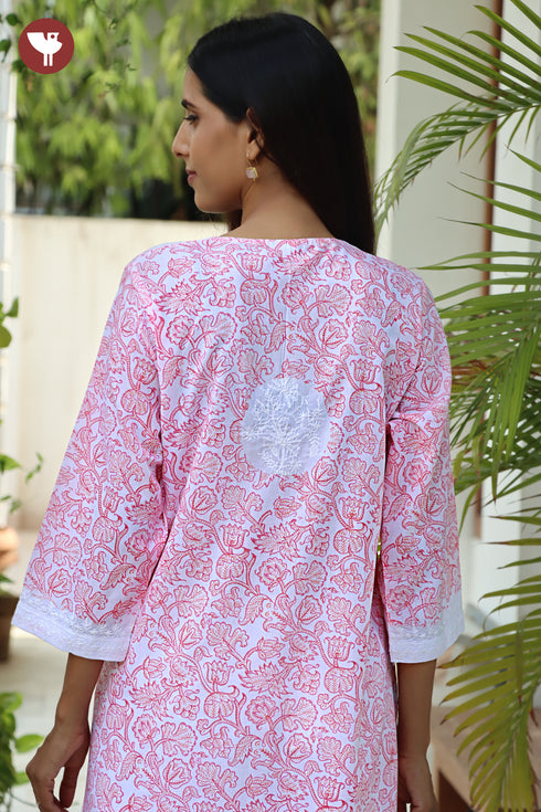 Terry Voile White Kurta Floral Block Print with Chikankari Embroidery