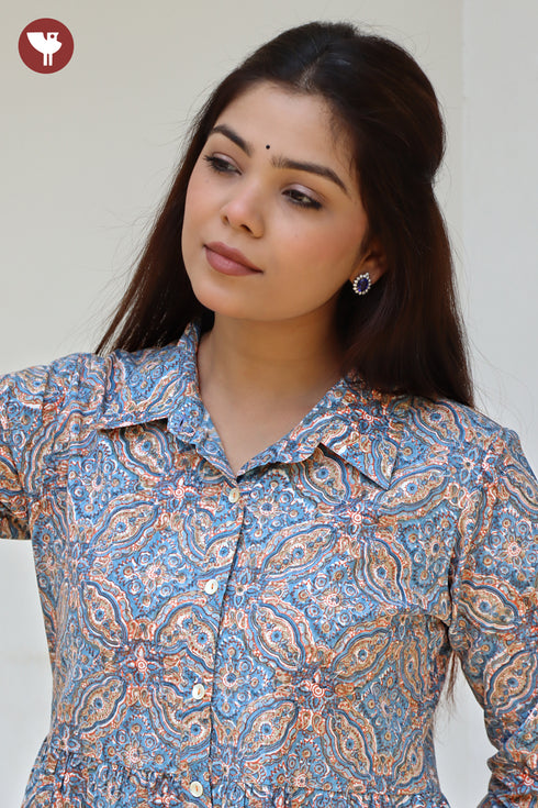 Cambric Cotton Gather Floral Top In Block Print