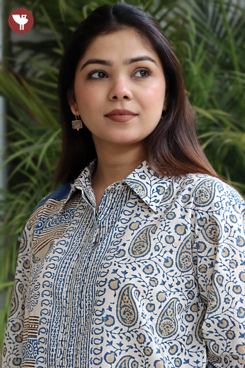 Cambric Cotton Shirt Style Top in Floral Block Print