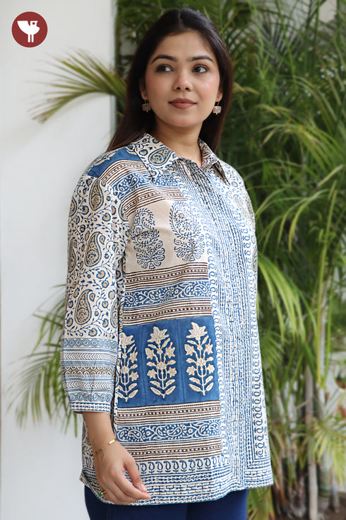 Cambric Cotton Shirt Style Top in Floral Block Print
