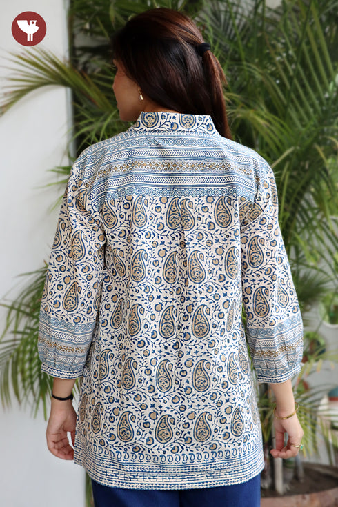 Cambric Cotton Shirt Style Top in Floral Block Print