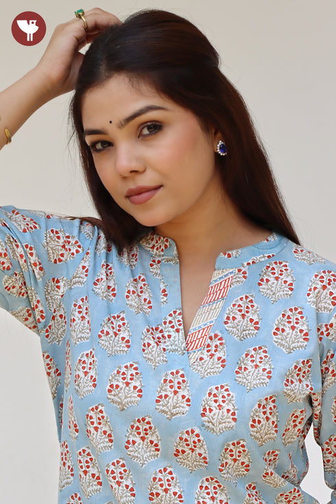 Cambric Cotton Kurta In Floral Block Print