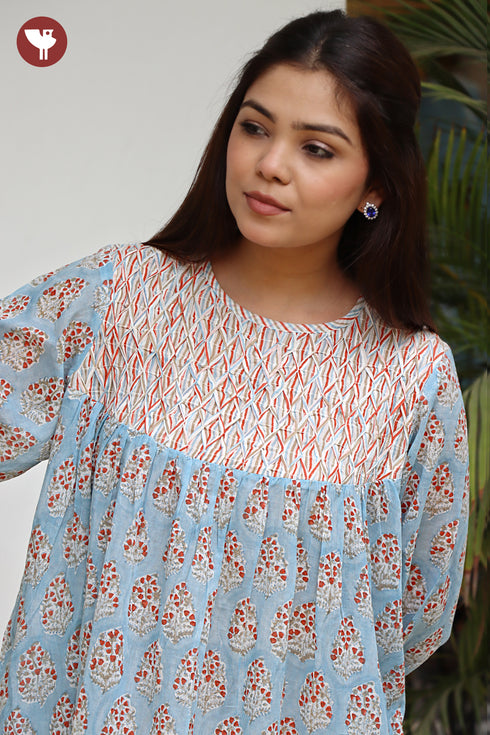 Mul Mul Cotton Pintuc Dress in Floral Block Print