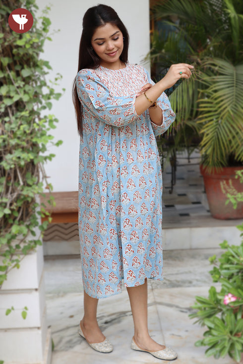 Mul Mul Cotton Pintuc Dress in Floral Block Print