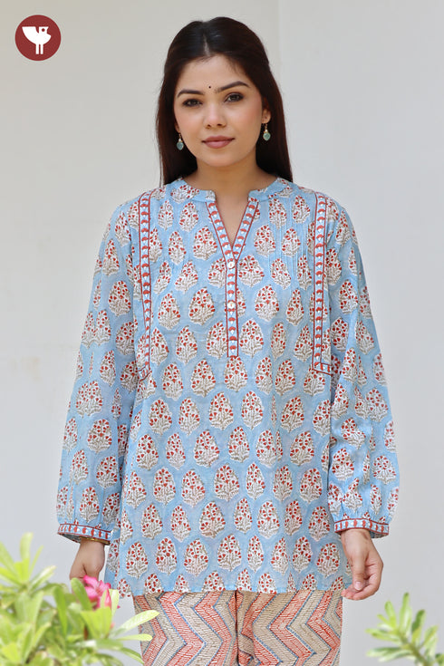 Mul Mul Cotton Pintuc Floral Top In Block Print