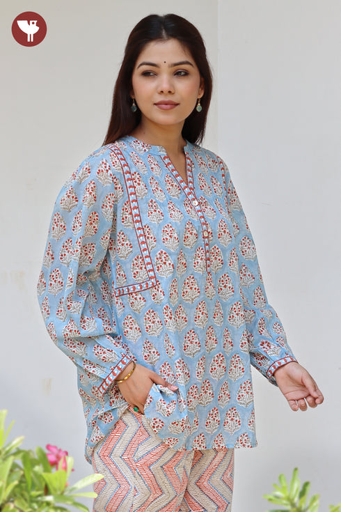 Mul Mul Cotton Pintuc Floral Top In Block Print