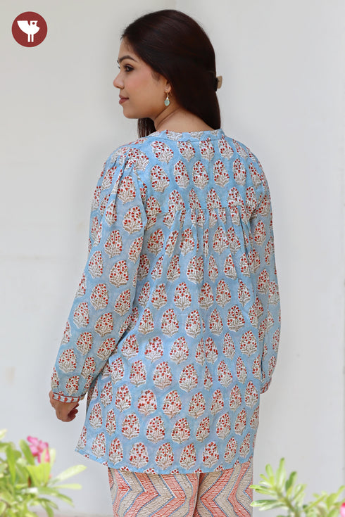 Mul Mul Cotton Pintuc Floral Top In Block Print
