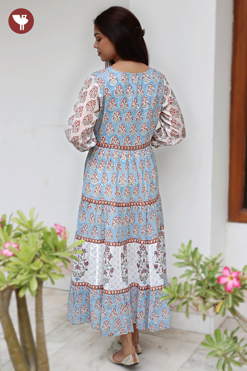 Mul Mul Cotton Tiered Dress in Floral Block Print