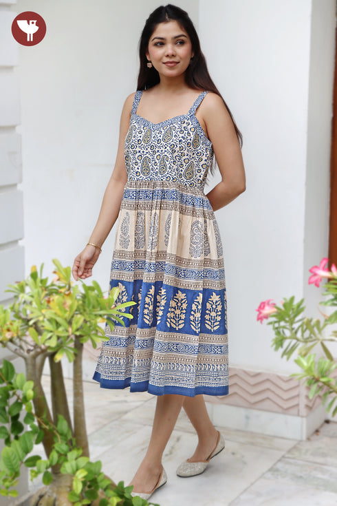 Cambric Cotton Dress In Floral Block Print