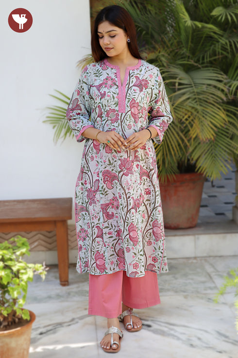 Mul Mul Cotton Steel Blue& Pink Floral Kurta