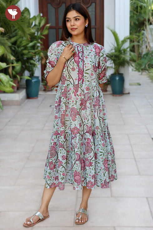 Mul Mul Cotton Cotton Steel Blue& Pink Floral Tier Dress