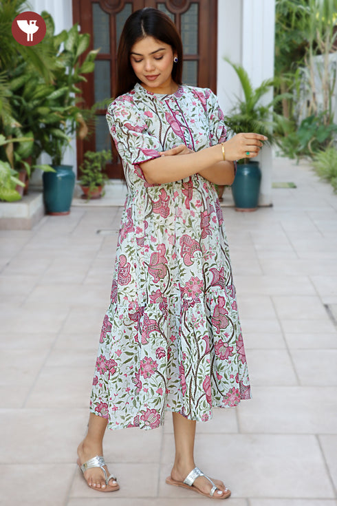 Mul Mul Cotton Cotton Steel Blue& Pink Floral Tier Dress