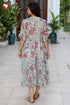 Mul Mul Cotton Cotton Steel Blue& Pink Floral Tier Dress