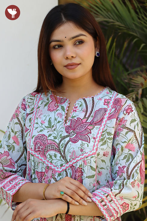 Mul Mul Cotton Steel Blue & Pink Floral Flared Kurta