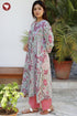 Mul Mul Cotton Steel Blue & Pink Floral Flared Kurta