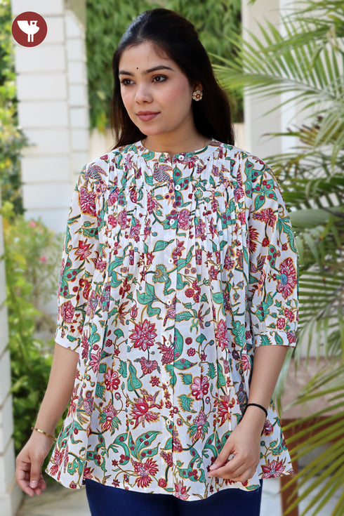 Cambric Cotton Floral Pintuck Top