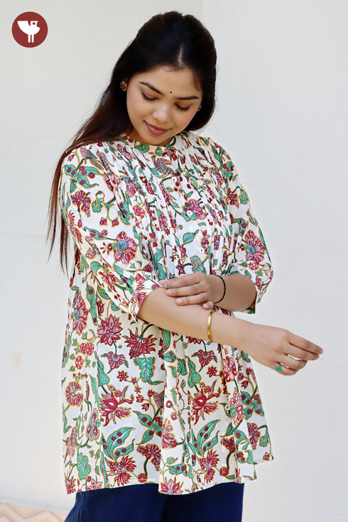 Cambric Cotton Floral Pintuck Top