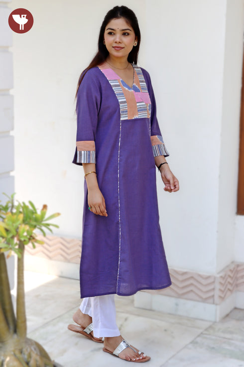 Handloom Purple Kurta in Geometric Patchwork