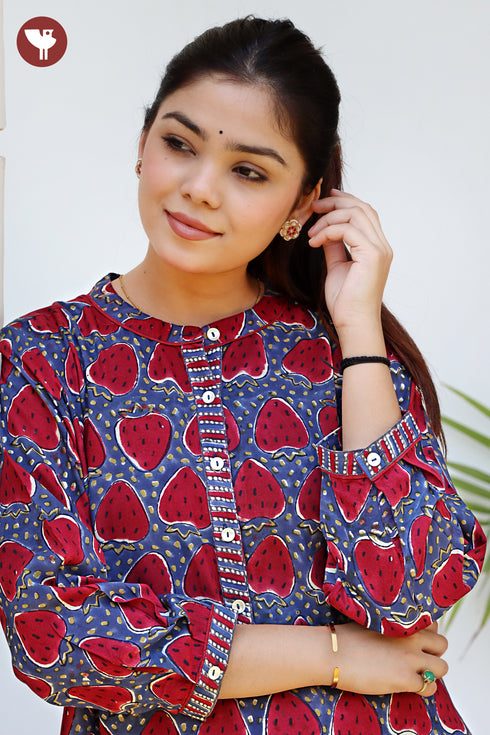 Rayon Navy Blue & Deep Burgundy Kurta in Block Print