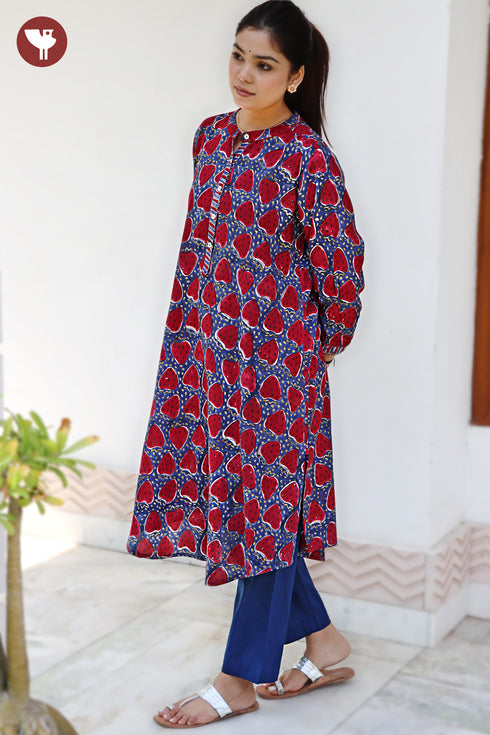 Rayon Navy Blue & Deep Burgundy Kurta in Block Print