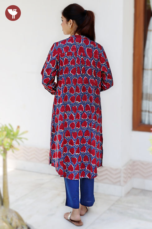 Rayon Navy Blue & Deep Burgundy Kurta in Block Print