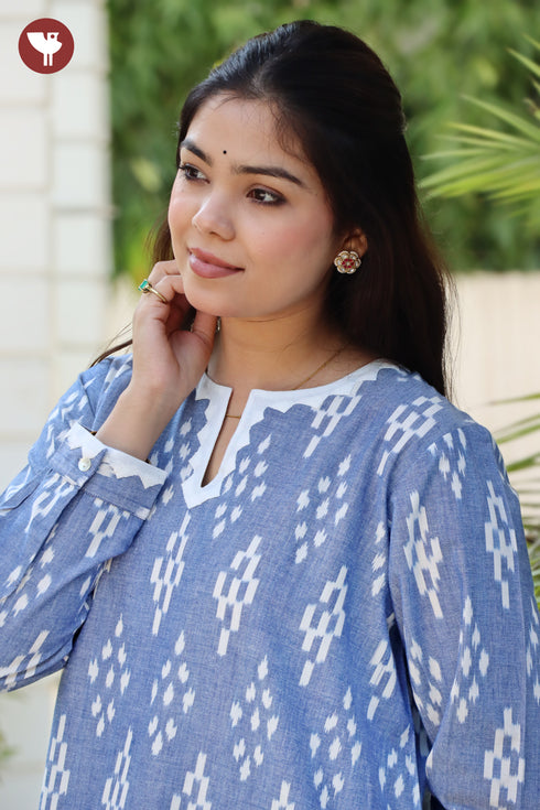 Ikat Denim Blue Kurta in Geometric Block Print