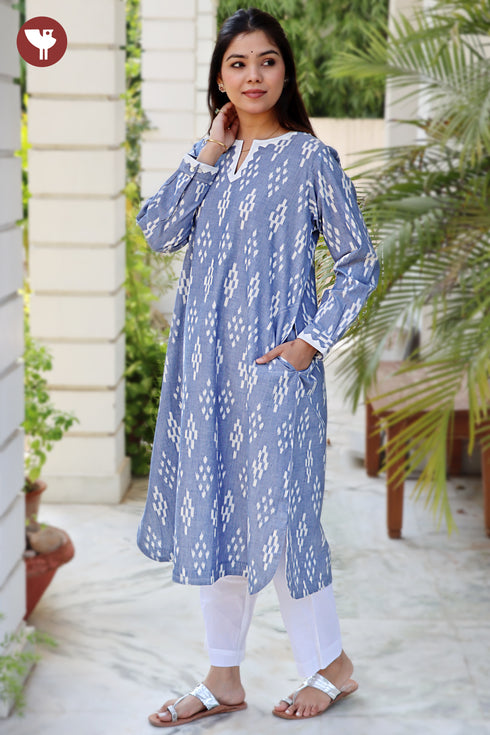 Ikat Denim Blue Kurta in Geometric Block Print