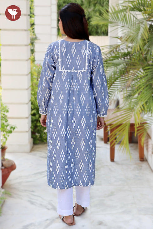 Ikat Denim Blue Kurta in Geometric Block Print
