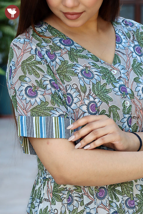 Mul Mul Cotton Purple Floral Print Tiered Dress.