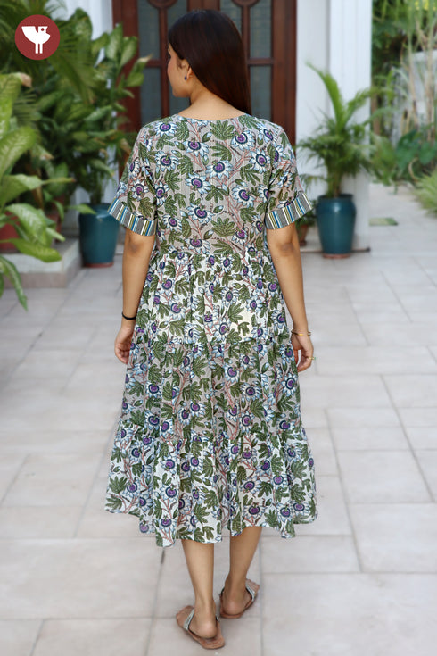 Mul Mul Cotton Purple Floral Print Tiered Dress.