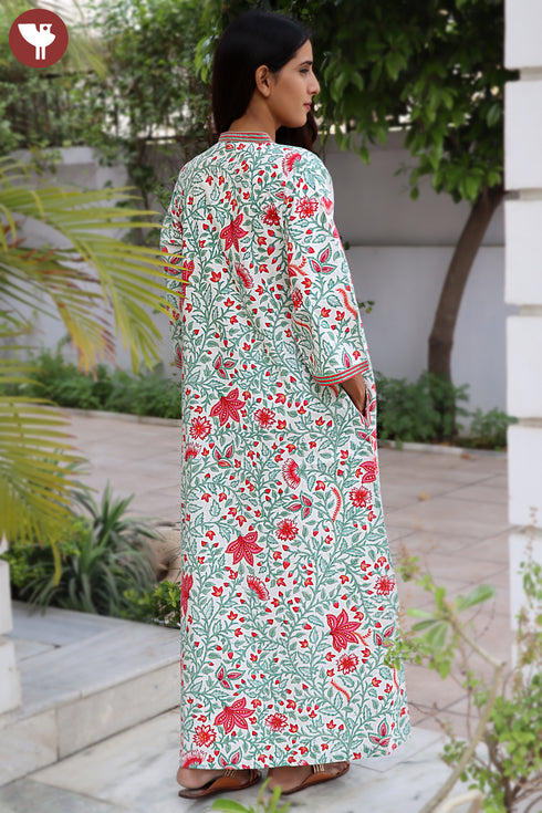 60’s Cotton V-Neck Sleeved Kaftan In Floral Print