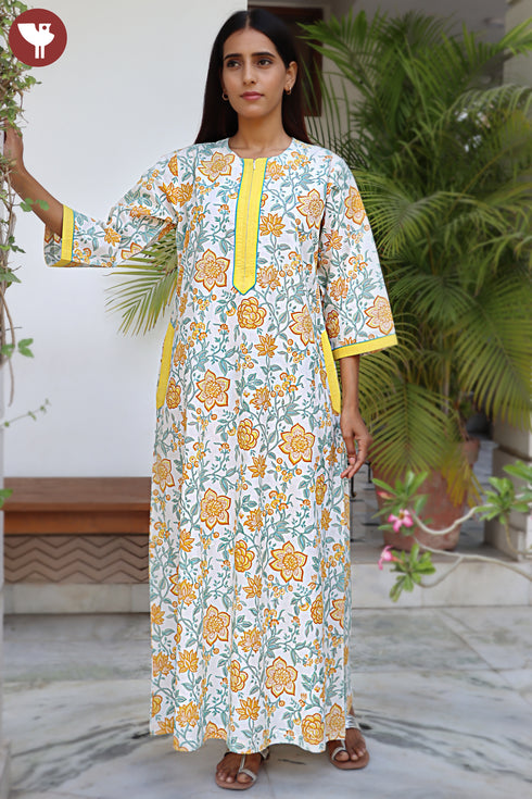 60’s Cotton Zipper Kaftan Full Sleeved In Floral Print