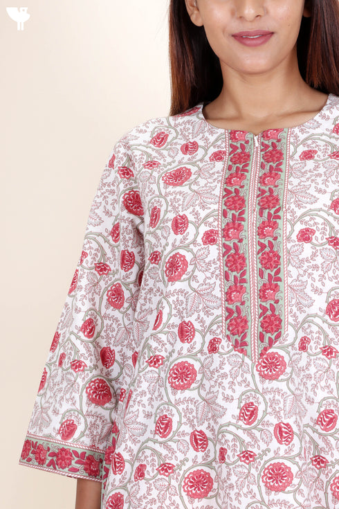 60’s Cotton Zipper Kaftan Full Sleeved In Floral Print