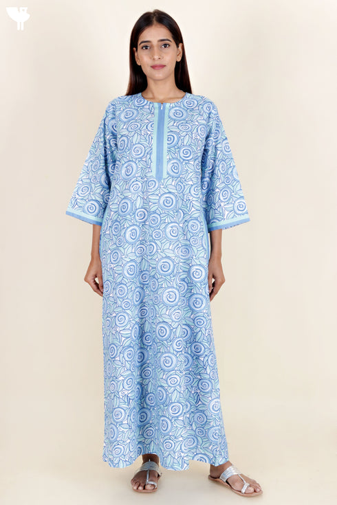 60’s Cotton Zipper Kaftan In Floral Block Print