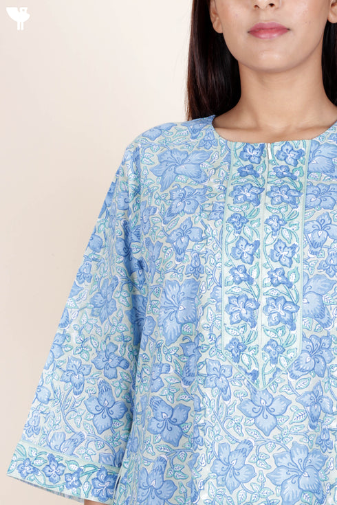 60’s Cotton Zipper Kaftan In Floral Block Print