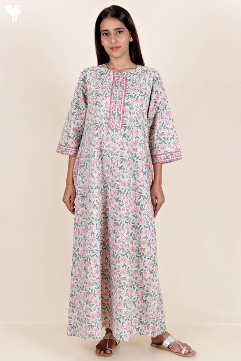 60’s Cotton Zipper Kaftan In Floral Block Print