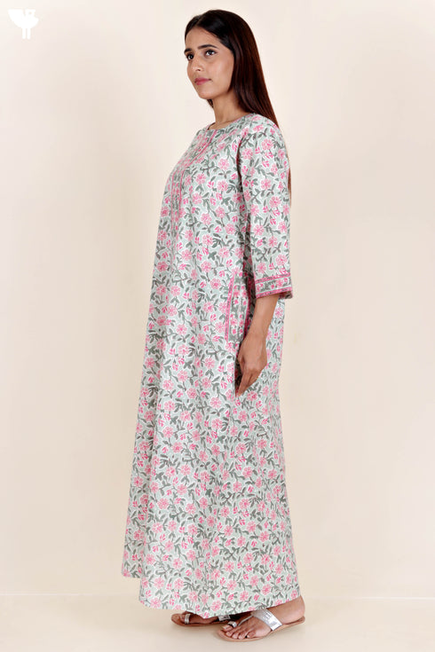 60’s Cotton Zipper Kaftan In Floral Block Print