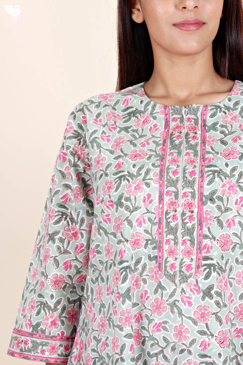 60’s Cotton Zipper Kaftan In Floral Block Print