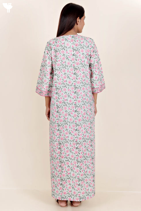 60’s Cotton Zipper Kaftan In Floral Block Print