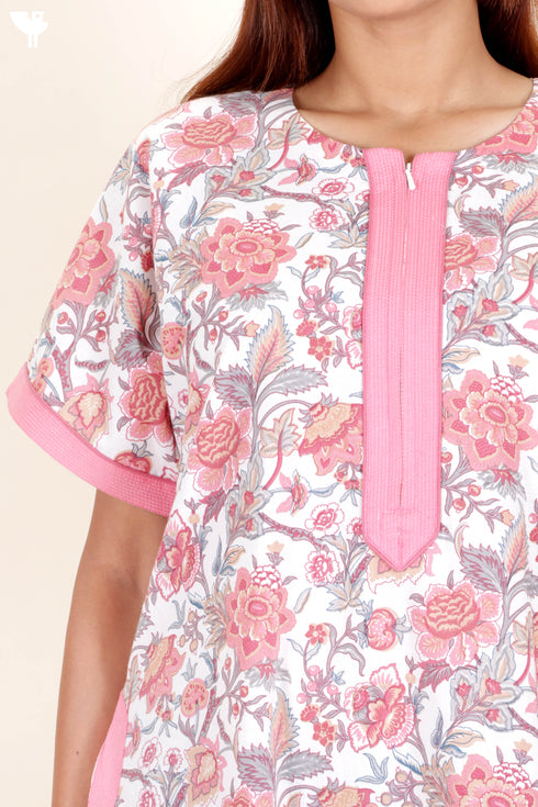 60’s Cotton Zipper Front Kaftan In Floral Print