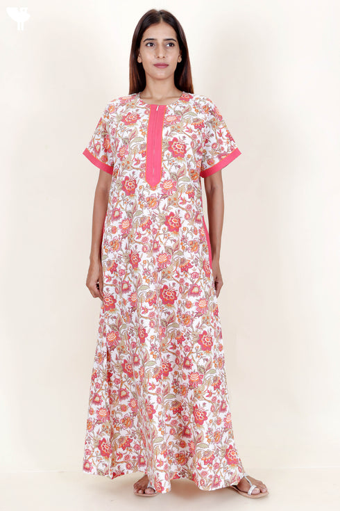 60’s Cotton Zipper Kaftan In Floral Print